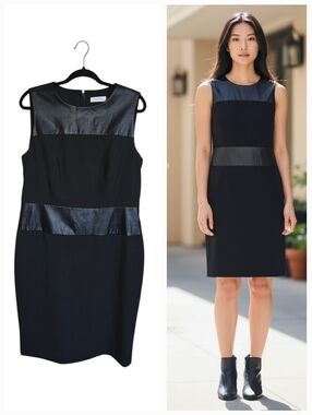 Calvin Klein Faux Leather Trim Dress Black   Sleeveles Size 14 Career Sexy Rock